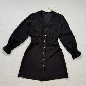 Sandro Paris Black Smocked Waist Button Down Mini Dress, Size Medium